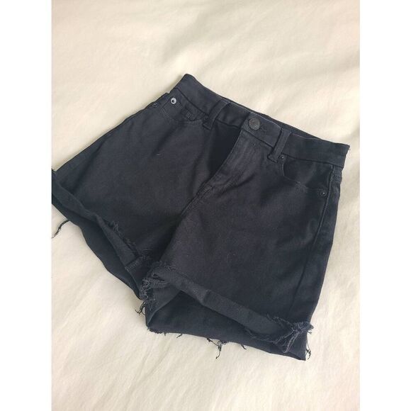 American Eagle Curvy High Rise Shortie Cuffed Shorts Womens Size 0 Black Stretch - Picture 2 of 5